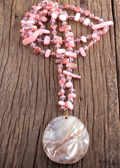 Boho Necklace, RH Pink Rose Crystal Shell